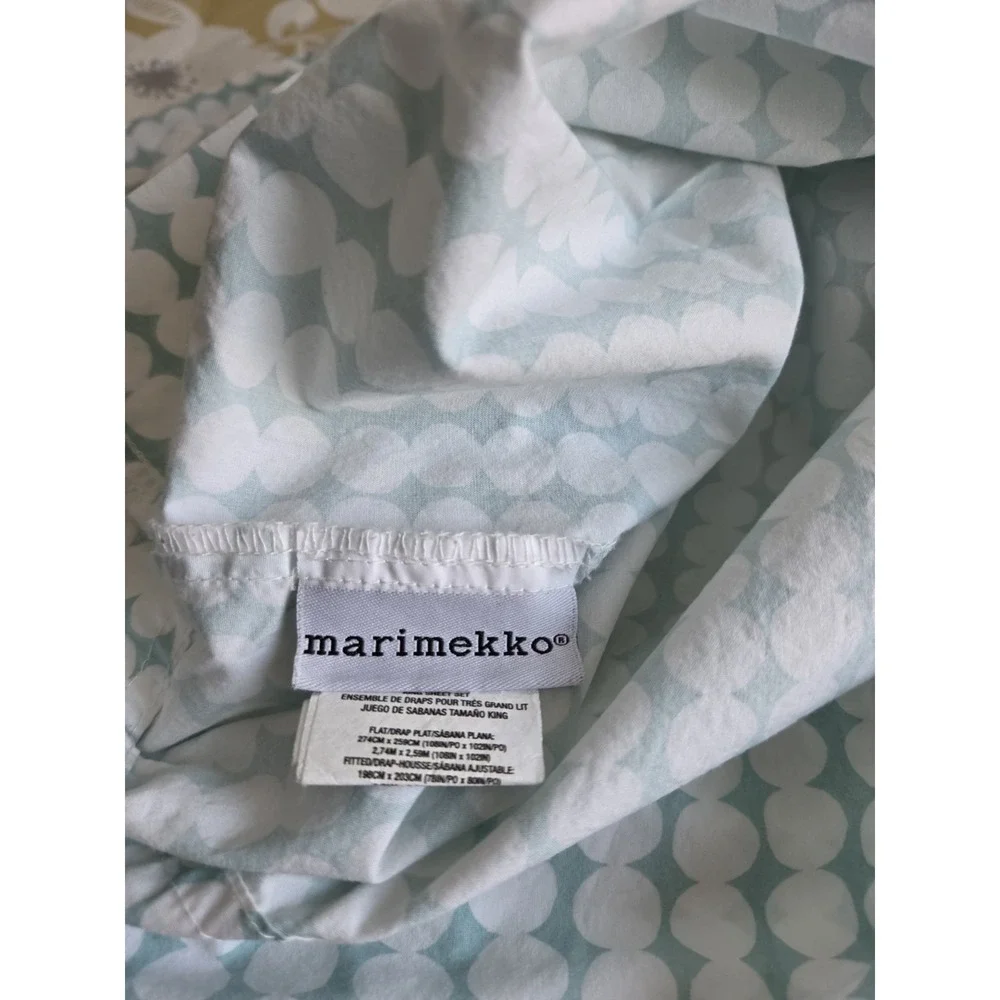 Marimekko King Flat Sheet & 2 King Pillowcases Green White Dot Modern